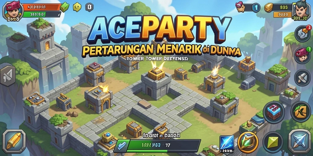 Tampilan gameplay menegangkan di ACEPARTY dengan berbagai tower berjuang melawan gelombang musuh.