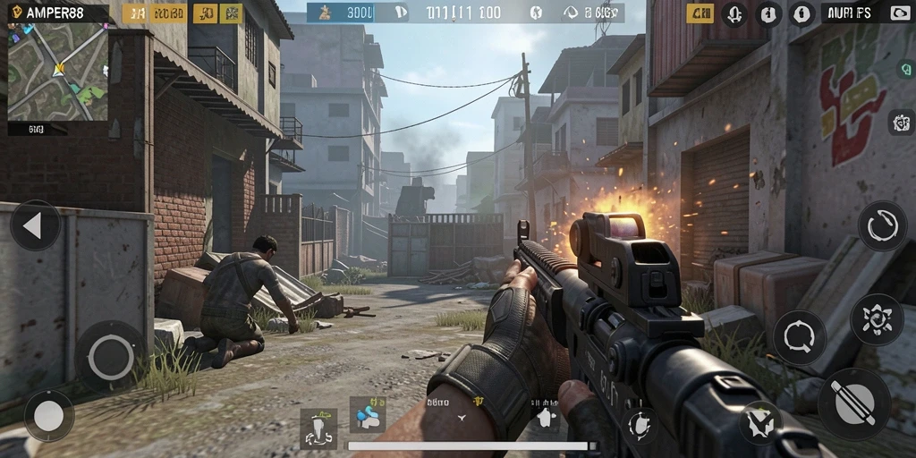 Screenshot utama AMPER88 menampilkan aksi seru dalam gameplay FPS.