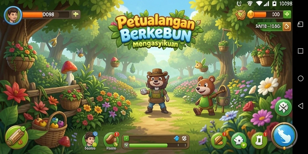 Screenshot utama ID098 menampilkan gameplay berkebun yang seru dan interaktif.