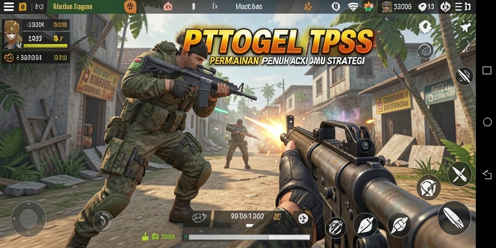 Tangkapan layar utama dari gameplay PTTOGEL menampilkan aksi seru dalam mode TPS.