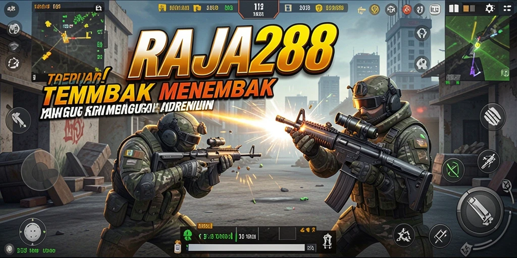 Screenshot RAJA288 menampilkan aksi tembak-menembak seru di medan perang.