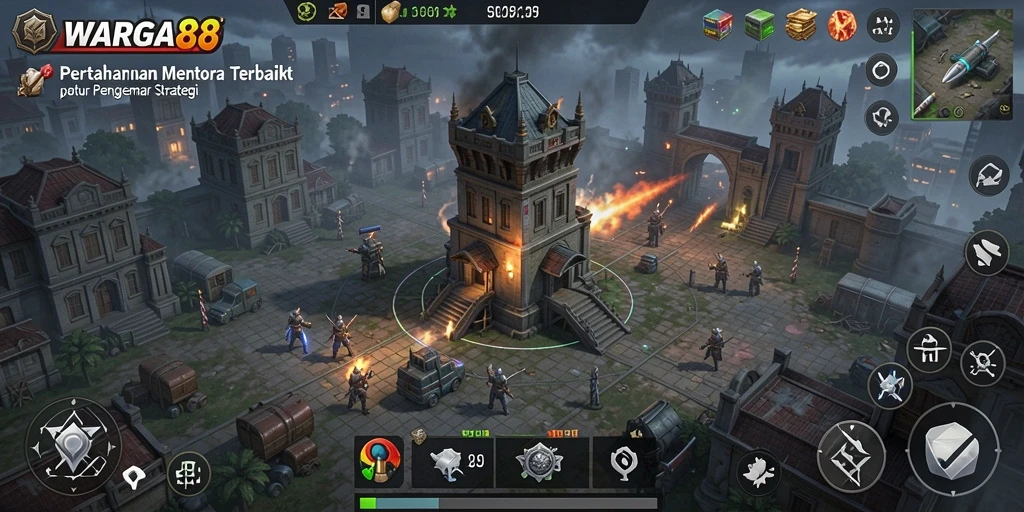 Tampilan gameplay WARGA88 dengan menara yang berstrategi melawan gelombang musuh.